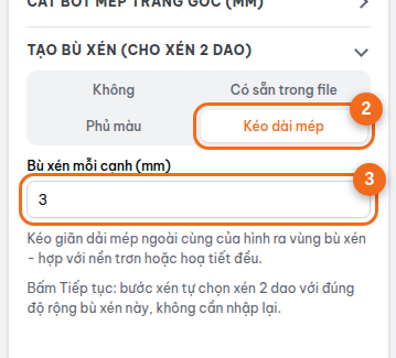 Mục "Tạo bù xén (cho xén 2 dao)": chọn cách tạo và độ rộng bù xén