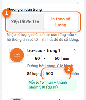 In theo số lượng: nhập số lượng từng mẫu, Trimbe tính số tờ in