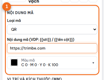 Mục "Nội dung mã": loại mã, nội dung, màu