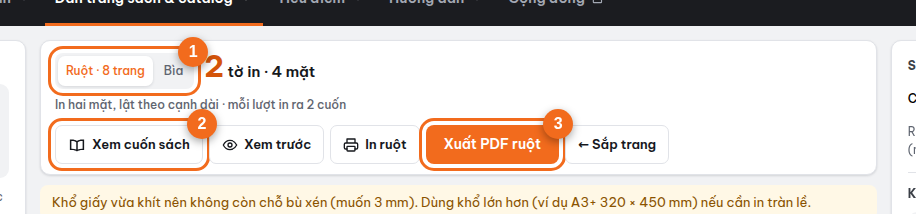 Bước bình trang: ruột / bìa, xem cuốn sách, xuất PDF